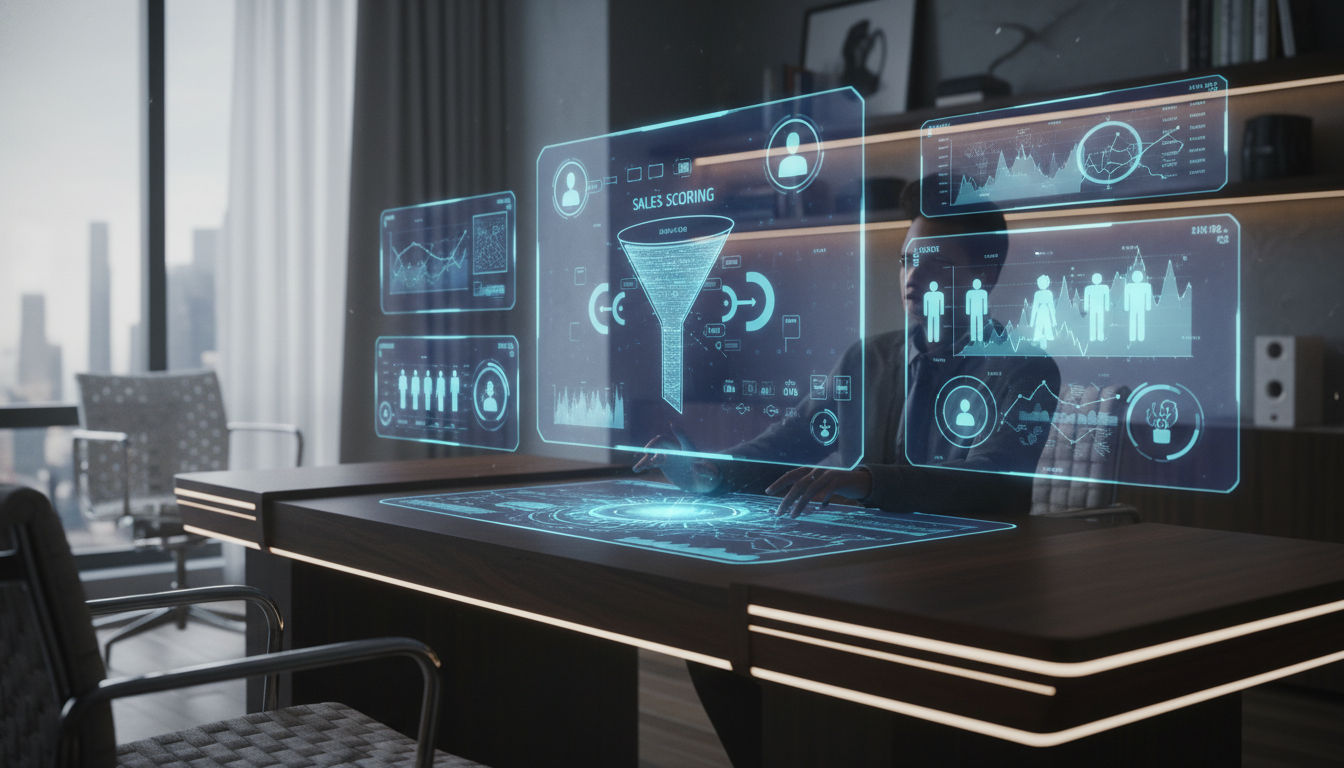 A vibrant, high-tech digital workspace with multiple floating holographic screens showing sales funnels, lead scoring charts, and glowing customer icons in a sleek modern home office.