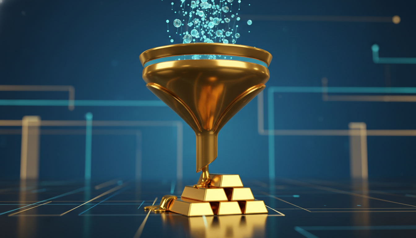 A stylized 3D illustration of a gold funnel filtering glowing blue particles into solid gold bars, symbolizing the conversion of raw leads into high-value sales.