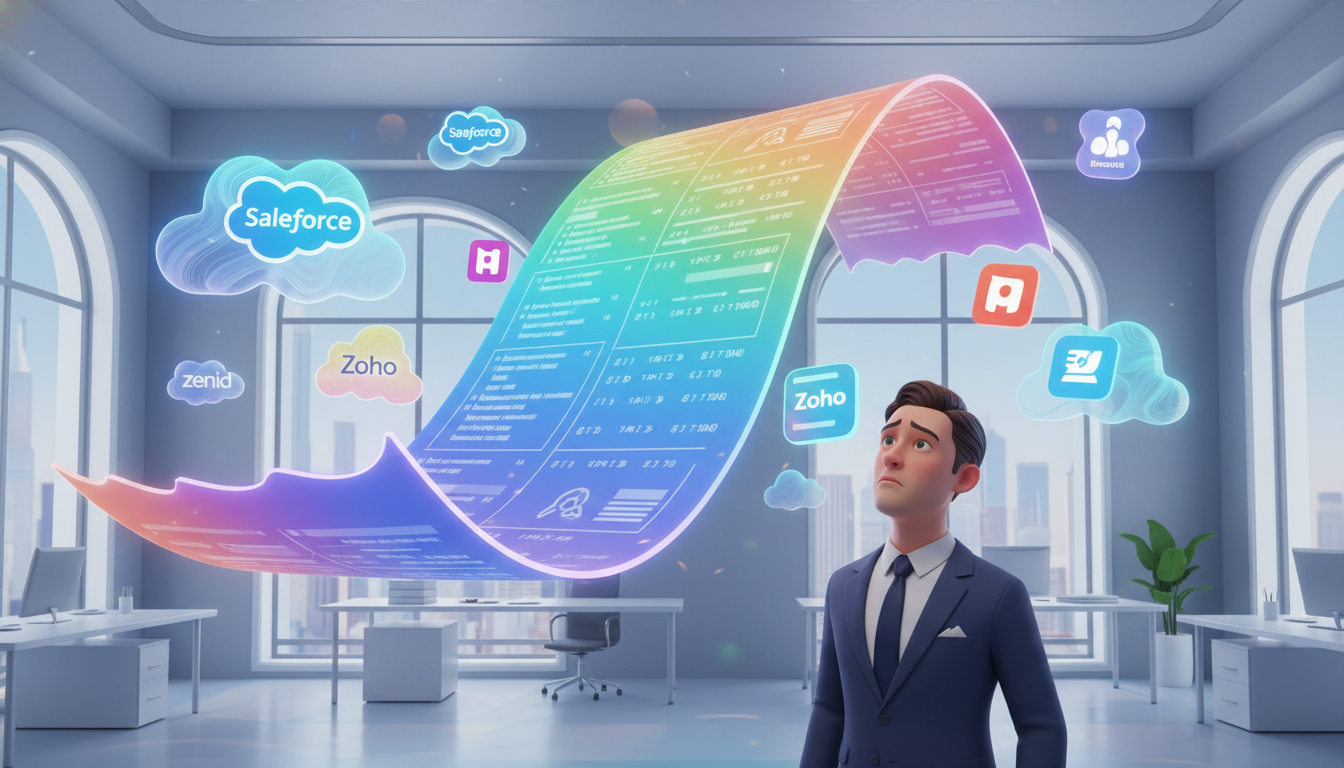 A colorful 3D illustration of a business professional looking confused at a giant floating receipt with various CRM logos like clouds around it, vibrant lighting, modern aesthetic.