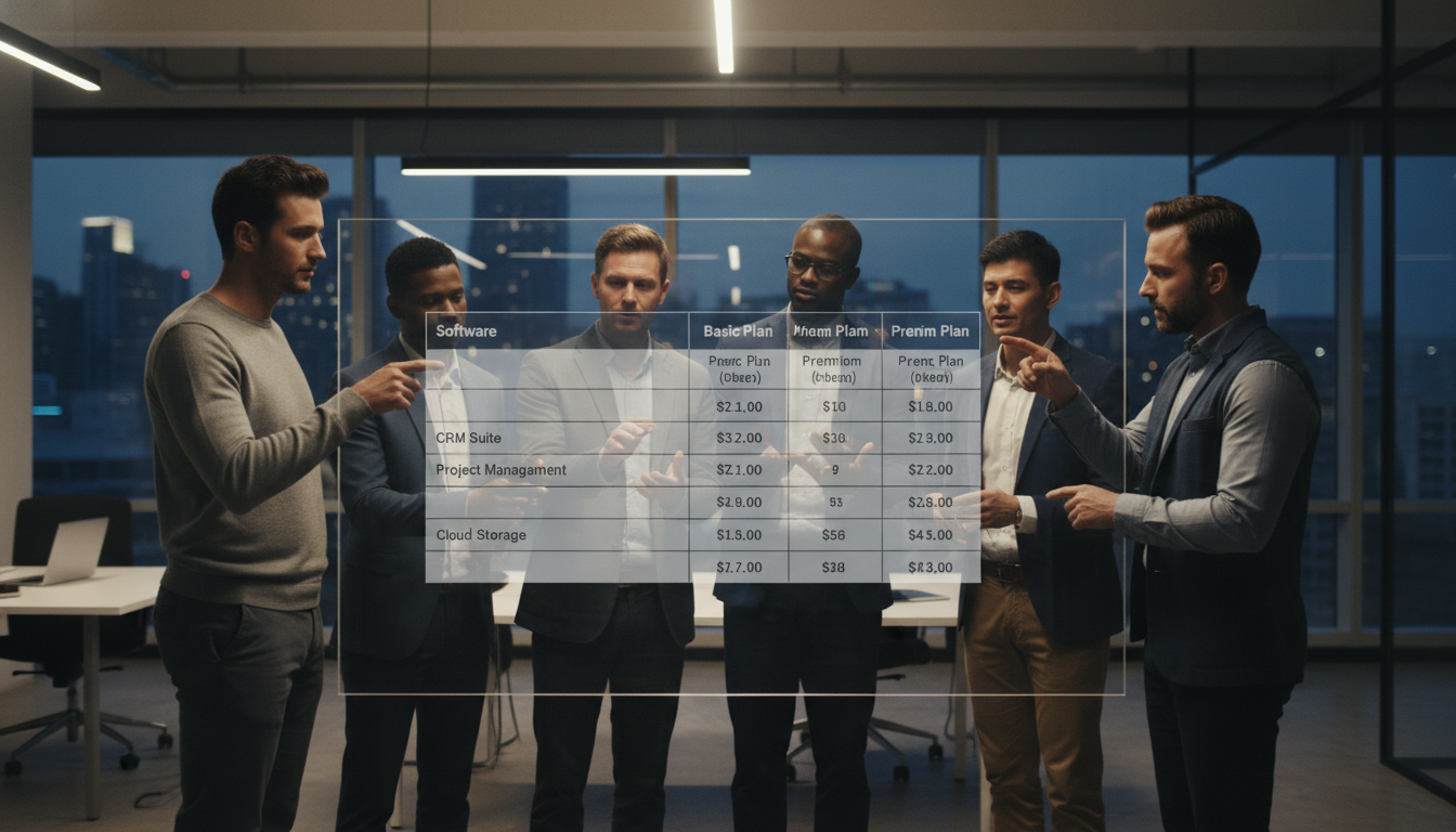 A modern office setting with a diverse team pointing at a large monitor showing a transparent comparison table of different software subscription plans, cinematic lighting, 4k resolution.