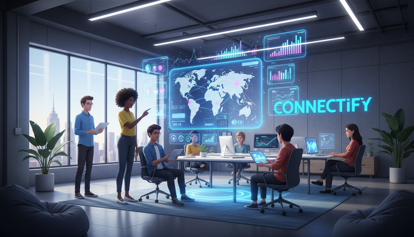 A vibrant digital illustration of a diverse team collaborating around a glowing 3D dashboard showing customer connections and data visualizations, modern startup office aesthetic.