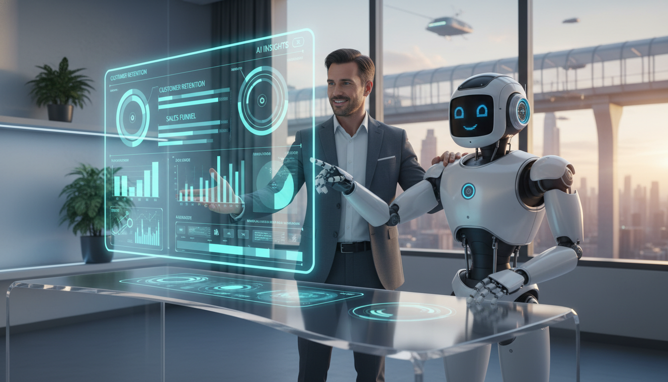 A futuristic concept of an AI-powered CRM interface with floating holographic charts and a friendly robot assistant helping a business owner.
