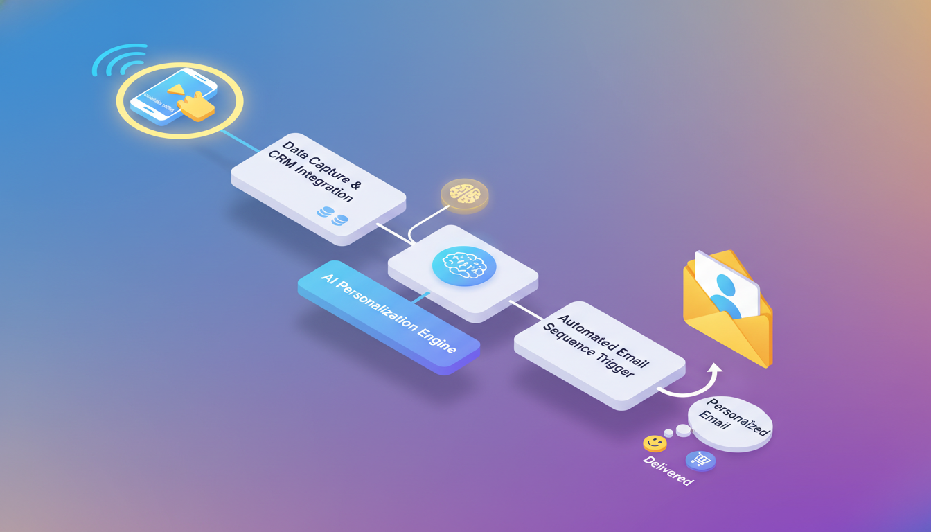 A vibrant digital workflow diagram showing a customer journey from a social media click to a personalized email, clean UI/UX style, 3d isometric illustration, bright professional colors.