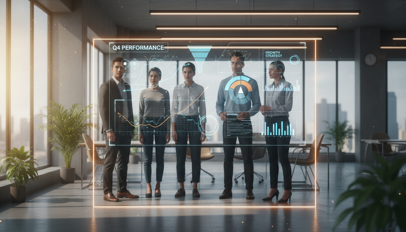 A diverse team of modern professionals in a sunlit office, looking at a large transparent glass screen displaying data visualizations and marketing funnels, atmospheric lighting, high quality photography style.