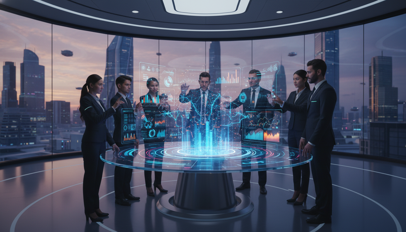 A futuristic office scene where a diverse team of sales professionals is interacting with a holographic 3D dashboard displaying glowing data visualizations and neural network patterns, vibrant colors, cinematic lighting.
