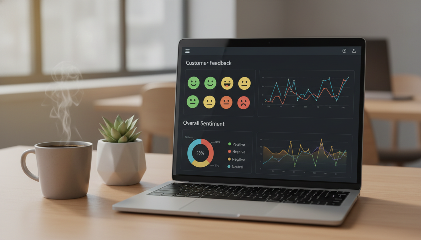 A close-up of a sleek laptop screen showing a CRM interface with colorful emojis and sentiment graphs, next to a steaming cup of coffee and a modern desk plant, soft focus background.