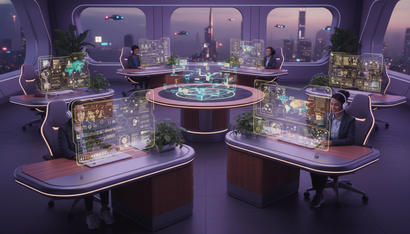 A futuristic and cozy customer support office setup with high-tech holographic screens displaying data visualizations, friendly diverse support agents using ergonomic gear, soft purple and blue ambient lighting, cinematic style.