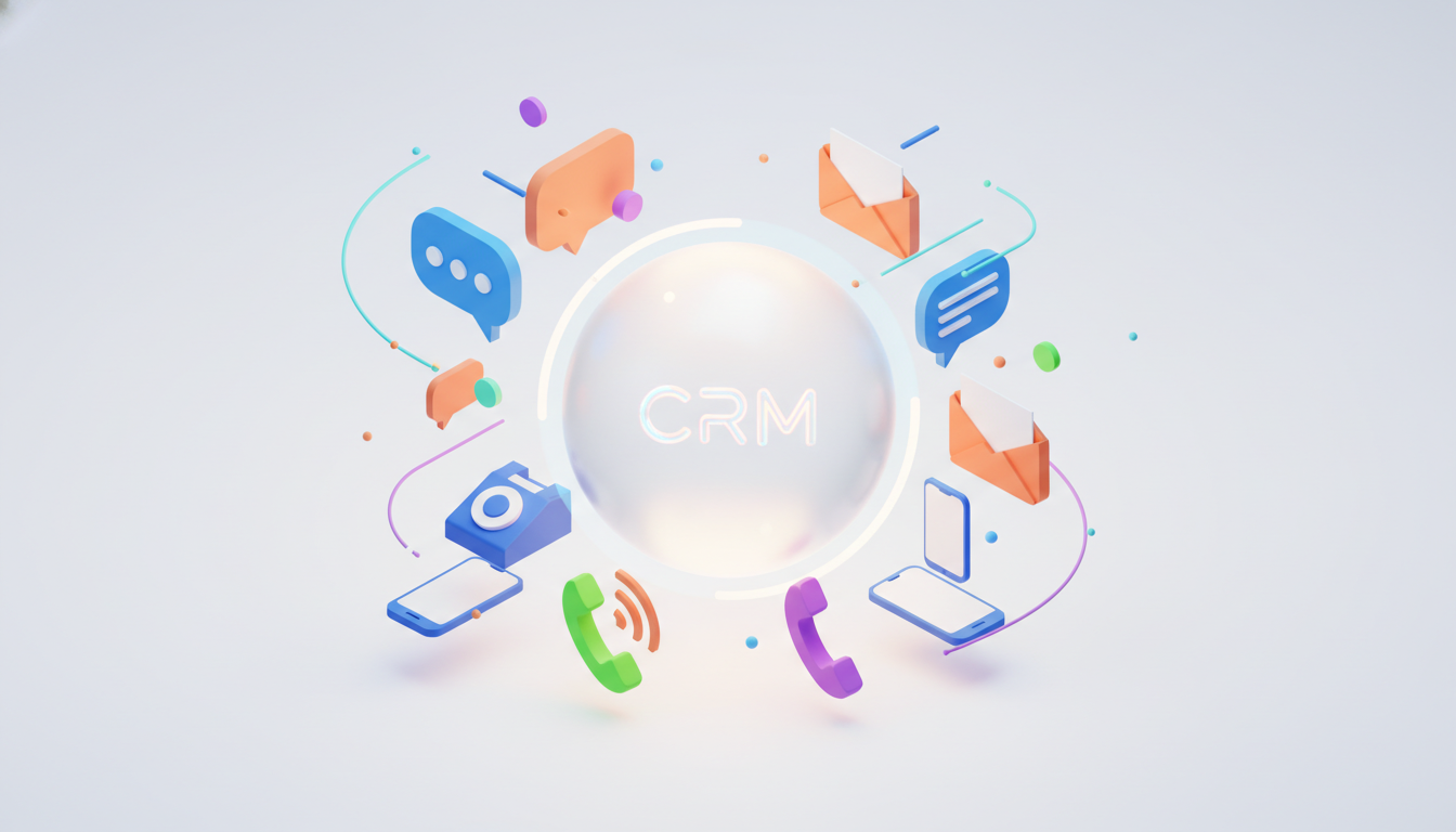 A clean and modern 3D isometric illustration of various communication icons like chat bubbles, envelopes, and phones flowing into a central glowing hub representing a CRM system, vibrant colors on a white background.