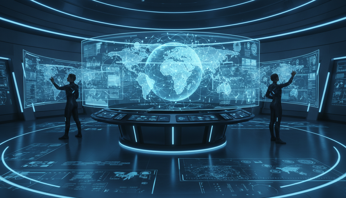 A futuristic digital command center with floating holographic screens displaying complex global customer data networks, glowing blue aesthetic, highly detailed 8k resolution