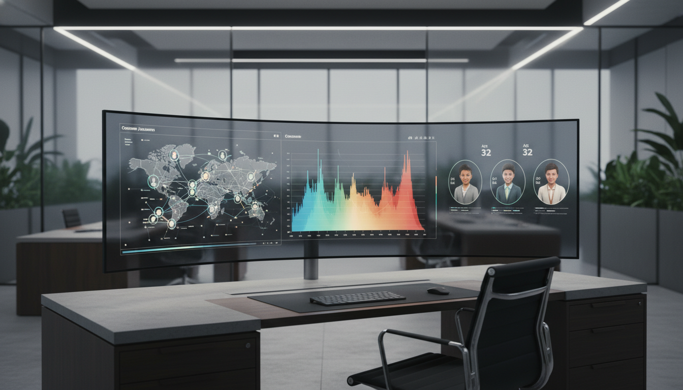 A sleek, modern office environment with a large curved glass monitor showing sophisticated data visualization charts, heatmaps, and 3D customer personas, cinematic lighting, professional photography style