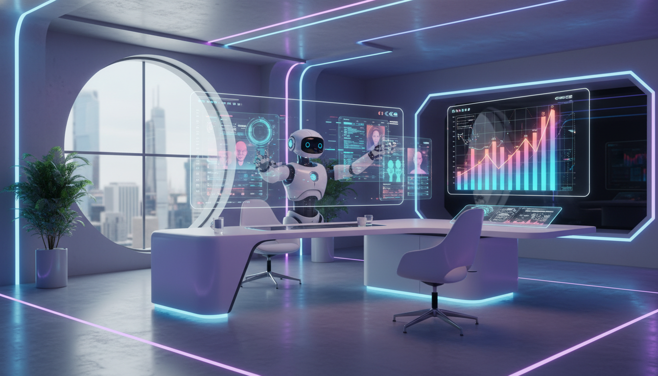 A futuristic digital workspace with a friendly robot assistant organizing holographic customer profiles and vibrant sales charts, neon accents, minimalist and clean design, 4k resolution.
