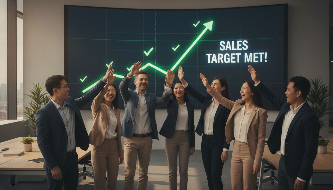 A diverse team of happy sales professionals high-fiving in a modern office, background shows a large screen with a rising sales graph and green checkmarks, soft cinematic lighting, professional yet casual atmosphere.